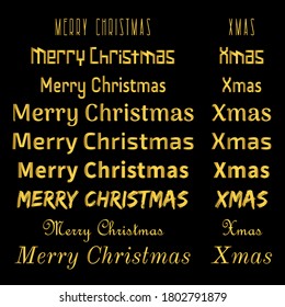 Vector set of lettering Merry Christmas. Typographic inscriptions for posters. greeting card. Golden text on black background.