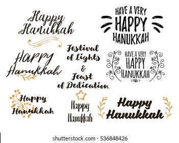 Vector set of lettering lettering text sign happy Hanukkah. Collections of beautiful Hanukkah title for greeting card, flyer, web, banner. Jewish typography set. 