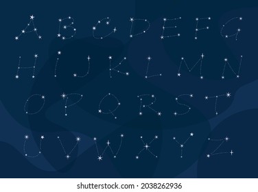 Vector set of letters made from constellations. Stylish abc with stars. Beautiful alphabet on the dark background.