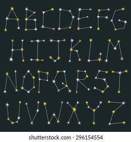 Vector set of letters made from constellations. Stylish abc with stars. Beautiful alphabet on the dark background.