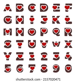 Vector set of letters and numbers with heart symbol isolated on white background.