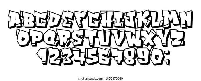 Vector set of letters and numbers in hip hop and street art graffiti style. Graffiti font on a white background for easy use. Vintage culture 90s street and youth subcultures.