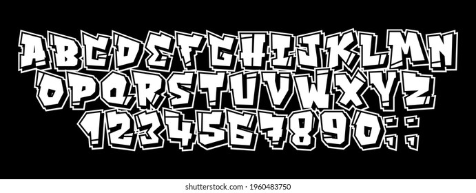 Vector Set Of Letters And Numbers In Hip Hop And Street Art Graffiti Style. Graffiti Font On A White Background For Easy Use. Vintage Culture 90s Street And Youth Subcultures.
