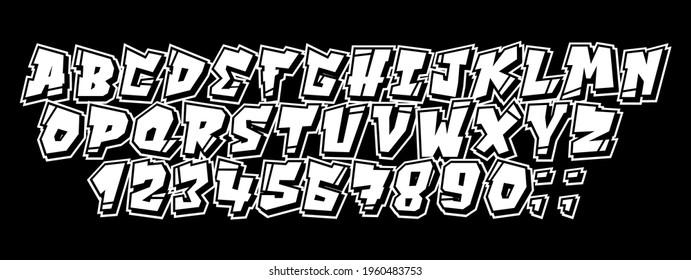 Vector set of letters and numbers in hip hop and street art graffiti style. Graffiti font on a white background for easy use. Vintage culture 90s street and youth subcultures.
