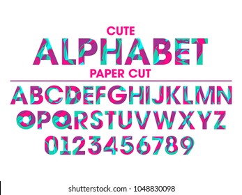 Vector Set of Letters and Numbers in paper cut style. Colorful alphabet with abstract paper cut shapes.