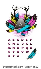 vector set of letters on a white background in the style of boho, first letter is decorated with elements of style, banners and painted feathers remaining homemade sans-serif