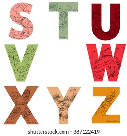 Vector set of letters . S, T, U, V, W, X, Y, Z - strawberry, thyme, ugni, vine leaf, watermelon, Xmas spices, yansun and zafran in the alphabet order.