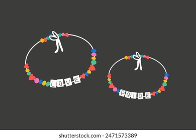Vector set of LGBTQ community icon. Social community. Supporting love freedom. Beaded bracelets vector. Multicolored bracelets made of beads with the inscription love and pride