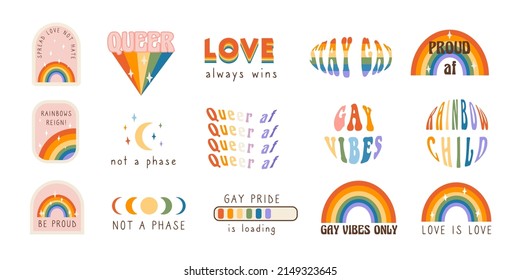 Vector Set Of LGBTQ Community Stickers In Retro Groovy 60s 70s Style. Trendy Collection Of Slogans And Phrases For Pride Month. Queer Rainbows Flags. Gay Parade Design Graphic Elements. Illustration.