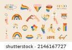Vector set of LGBTQ community symbols with pride flags, gender signs, retro rainbow colored elements. Pride month stickers. Gay parade groovy celebration. LGBT flat style icons and slogan collection.