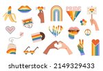 Vector set of LGBTQ community symbols with pride flags, gender signs, retro rainbow colored elements. Pride month stickers. Gay parade groovy celebration. LGBT flat style icons and slogan collection.