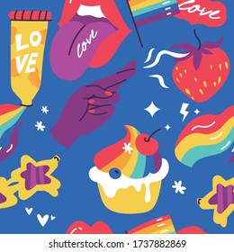 Vector set of LGBTQ community symbols and icons. Gay bisexual transgender love illustrations. Seamless pattern