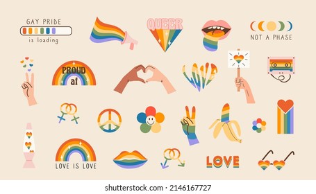 Conjunto de vectores de símbolos de la comunidad LGBTQ con banderas de orgullo, señales de género, elementos de color arco iris retro. Etiquetas del mes del orgullo. Celebración del desfile gay. Iconos de estilo plano LGBT y colección de eslóganes.