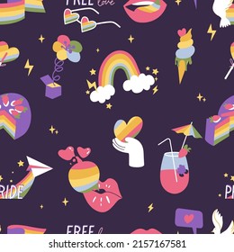 Vector set of LGBTQ community symbols and icons. Seamless parten for Pride Month decorations