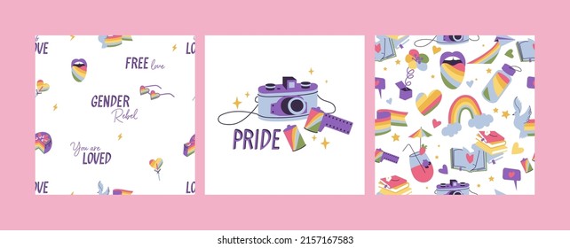 Vector set of LGBTQ community symbols and icons. Seamless parten for Pride Month decorations