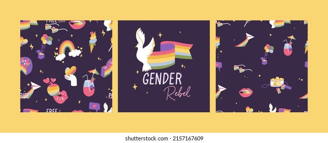 Vector set of LGBTQ community symbols and icons. Seamless parten for Pride Month decorations