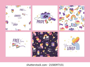 Vector set of LGBTQ community symbols and icons. Seamless parten for Pride Month decorations