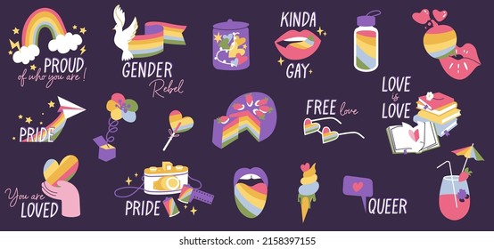 Vector set of LGBTQ community symbols and icons for stickers, t-shirt prints, posters and Pride Month decorations