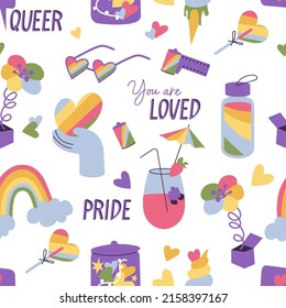 Vector set of LGBTQ community symbols and icons. Seamless parten for Pride Month decorations