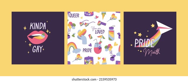 Vector set of LGBTQ community symbols and icons. Seamless parten for Pride Month decorations