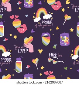 Vector set of LGBTQ community symbols and icons. Seamless parten for Pride Month decorations