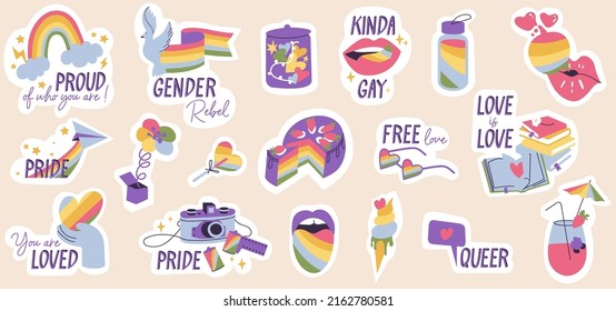 Vector set of LGBTQ community symbols and icons for stickers, t-shirt prints, posters and Pride Month decorations