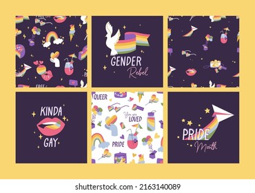 Vector set of LGBTQ community symbols and icons. Seamless parten for Pride Month decorations