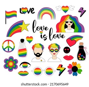 Vector Set Of LGBTQ Community Symbols. Lesbian Woman And Gay Man With Rainbow Hair, Pride Flag, Retro Rainbow, Heart And Love Elements. LGBT Pride Month Groovy Celebration