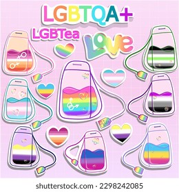 Vector set of LGBTQ community symbols with pride flags, gender signs, rainbow, love. Pride month stickers. Gay parade groovy celebration. LGBT flat style icons and slogan lgbtea 