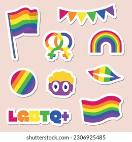  Vector set of LGBTQ community symbols with pride flags, gender signs, retro rainbow colored elements. Pride month stickers. Gay parade groovy celebrat