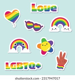  Vector set of LGBTQ community symbols with pride flags, gender signs, retro rainbow colored elements. Pride month stickers