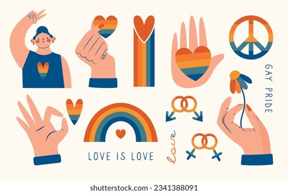 Vector set of LGBTQ community symbols with pride flags, gender signs, retro rainbow colored elements. Pride month stickers. LGBT flat style icons collection. Gay parade groovy celebration. 