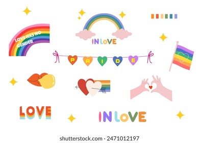 Vector set of LGBTQ community symbols. Pride month stickers. LGBT flat style icons and slogan collection. Social community. Supporting love freedom