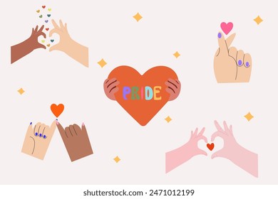 Vector set of LGBTQ community symbols. Pride month stickers. LGBT flat style icons and slogan collection. Social community. Supporting love freedom