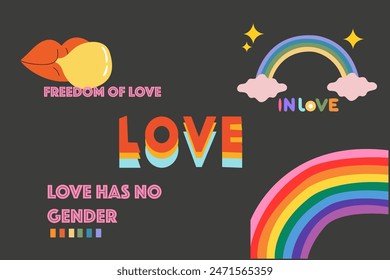 Vector set of LGBTQ community symbols. LGBT flat style icons and slogan collection. Social community. Supporting love freedom. Love has no gender illustration. Love retro illustration