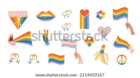 Vector set of LGBTQ community symbols with pride flags, gender signs, retro rainbow colored elements. Pride month stickers. Gay parade groovy celebration. LGBT flat style icons and slogan collection.