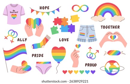Vector set of LGBTQ pride-themed elements, including rainbow hearts, hands, ribbons, planets, stars and more. Flat and colorful illustrations symbolizing love, equality, diversity, and inclusivity.