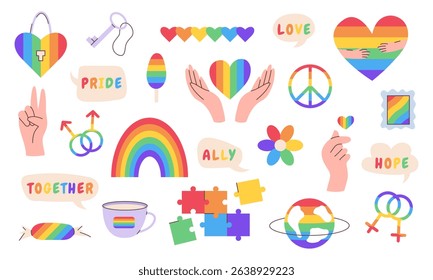 Vector set of LGBTQ pride-themed elements, including rainbow hearts, hands, ribbons, planets, stars and more. Flat and colorful illustrations symbolizing love, equality, diversity, and inclusivity.