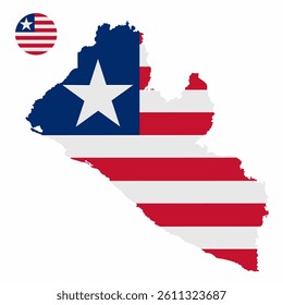 Vector set of Liberia high detailed map flag and national flag round badge isolated on white background.