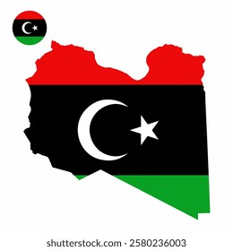 Vector set of Libya high detailed map flag and national flag round badge isolated on white background.