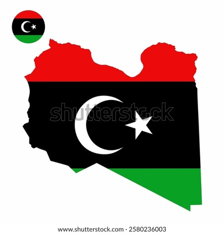 Vector set of Libya high detailed map flag and national flag round badge isolated on white background.