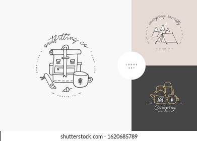 Vector set of liear camping and hiking icons or logos . Traveling emblem or round badge with traveling staff. Design for t-shirt and print