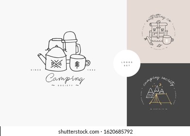 Vector set of liear camping and hiking icons or logos . Traveling emblem or round badge with traveling staff. Design for t-shirt and print