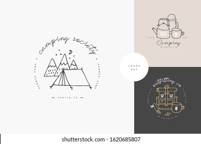 Vector set of liear camping and hiking icons or logos . Traveling emblem or round badge with traveling staff. Design for t-shirt and print