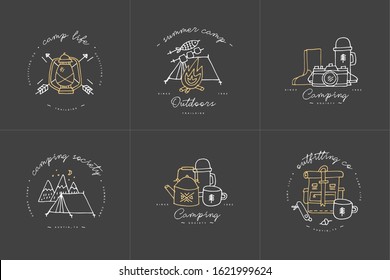 Vector set of liear camping and hiking icons or logos . Traveling emblem or round badge with traveling staff. Design for t-shirt and print