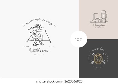 Vector set of liear camping and hiking icons or logos . Traveling emblem or round badge with traveling staff. Design for t-shirt and print