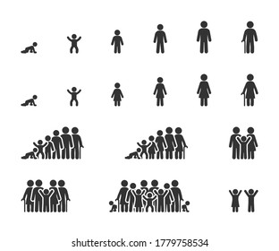 Vector set of life cycle flat icons. People of different ages, man and women, family, stages of growing up. svg