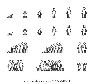 Vector Set Of Life Cycle Line Icons. People Of Different Ages, Man And Women, Family, Stages Of Growing Up.