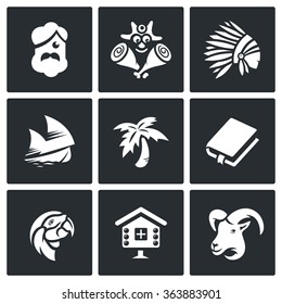 Vector Set of Life on Desert Island Icons. Robinson Crusoe, Aborigine, Friday, Sailing, Palma, Roman, Parrot, Hut, Goat. Man, Savage, Redskin, Ship, Tree, Book, Bird, House, Animal