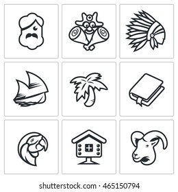 Vector Set of Life on Desert Island Icons. Robinson Crusoe, Aborigine, Friday, Sailing, Palma, Roman, Parrot, Hut, Goat.